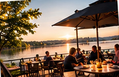 Terras aan het water bij zonsondergang