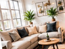 Gestylede woonkamer met bank en planten