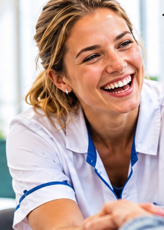 Lachende zorgmedewerker in gesprek met een oudere cliënt